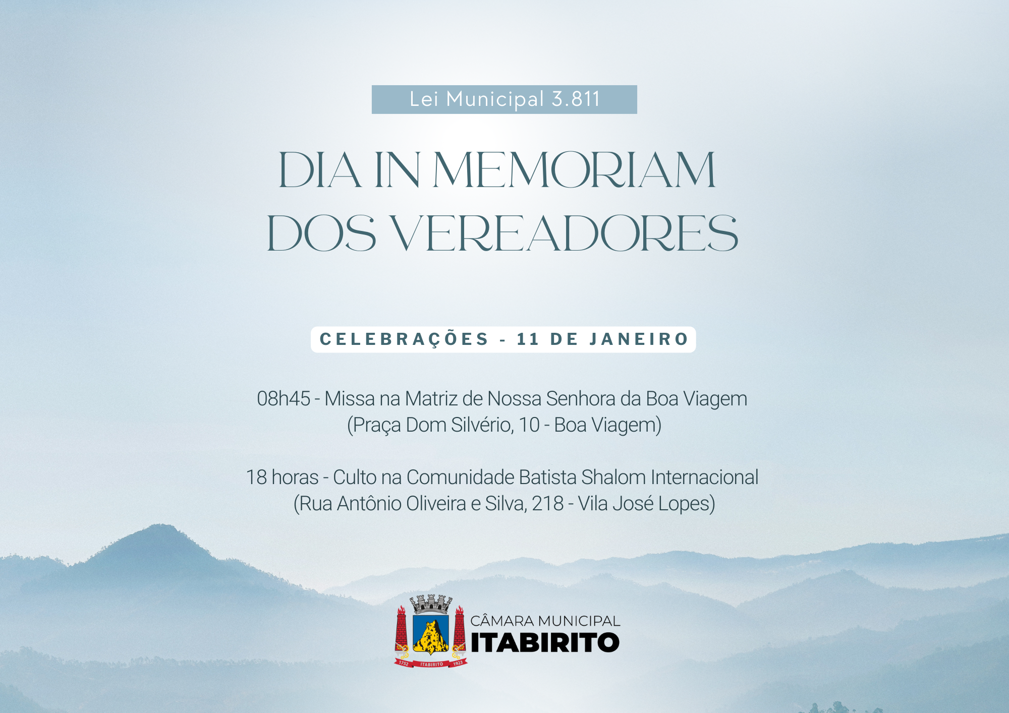 Câmara de Itabirito convida para celebrações em homenagem a vereadores falecidos