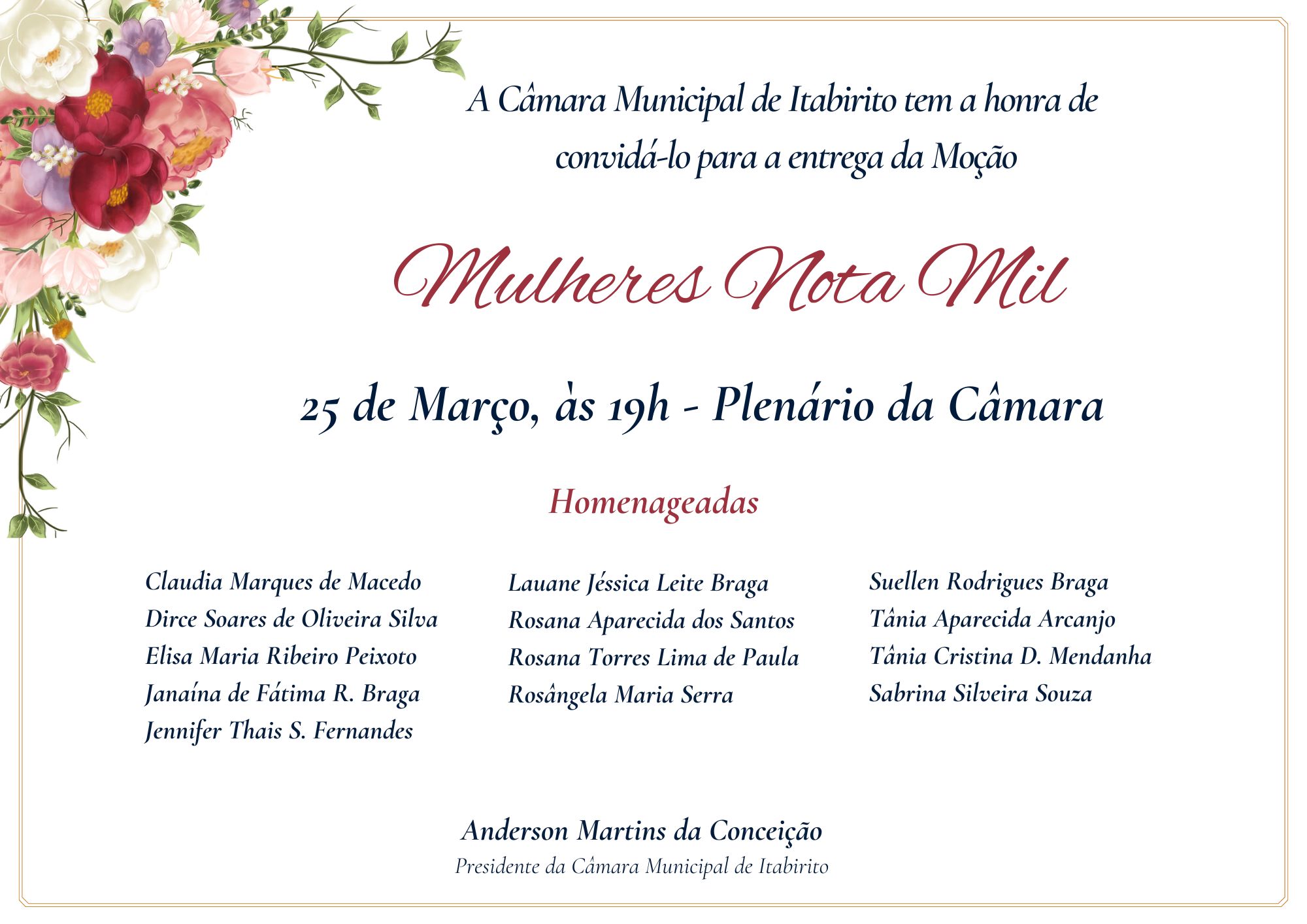 Câmara de Itabirito entrega Moção ‘Mulheres Nota Mil’ na próxima segunda-feira (25)