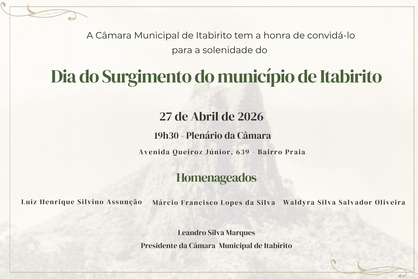 Câmara de Itabirito realiza Sessão Solene pelo Dia do Surgimento do Município na próxima segunda-feira (27/04)