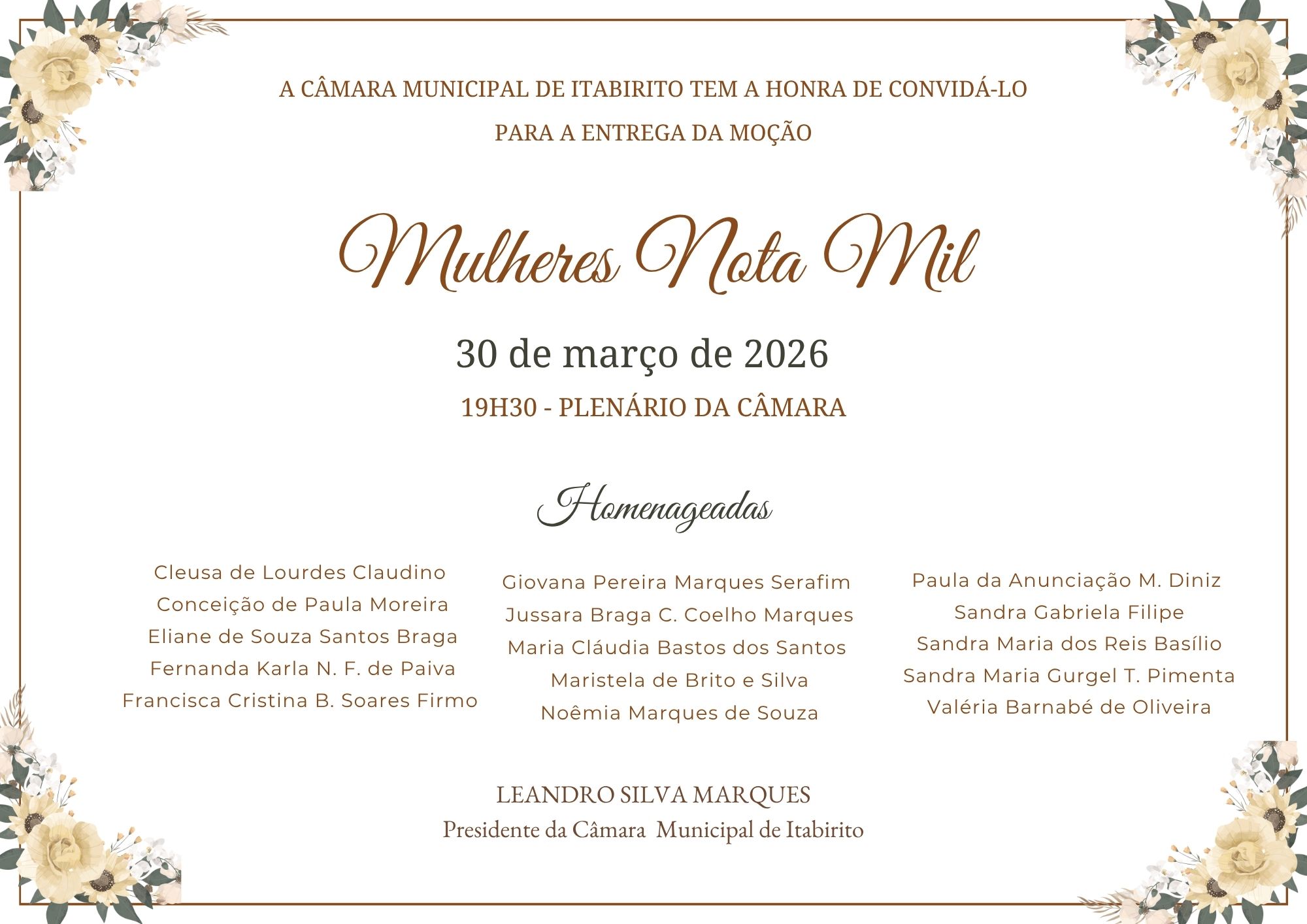 Câmara de Itabirito realiza solenidade “Mulheres Nota Mil” no dia 30 de março