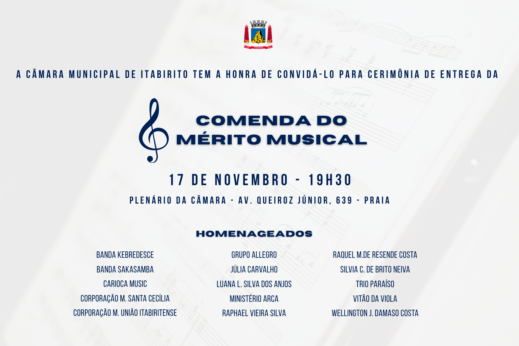 Câmara de Itabirito realizará entrega da Comenda do Mérito Musical