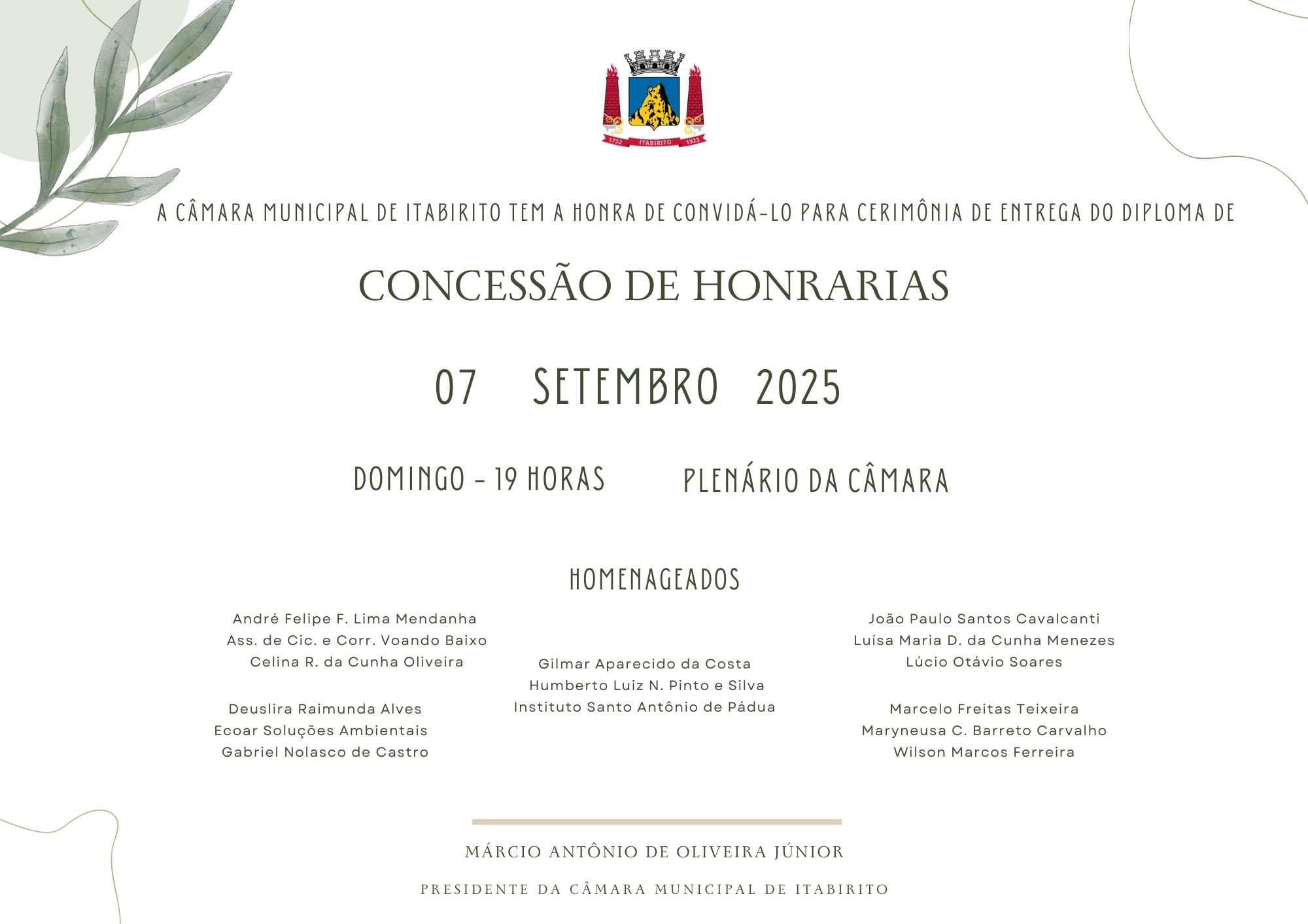 Câmara Municipal de Itabirito realiza Sessão Solene de Concessão de Honrarias