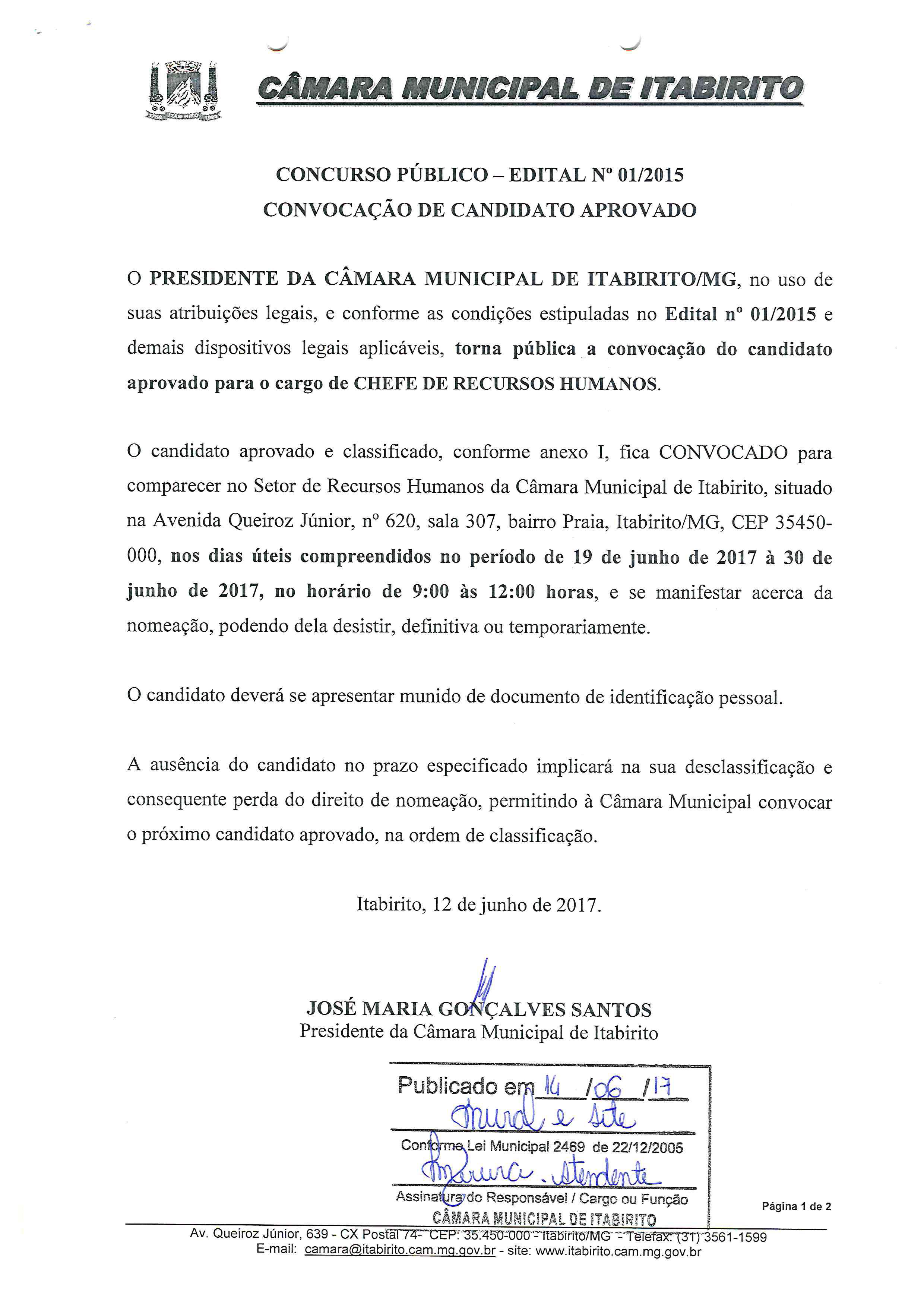 Convocação de candidato aprovado no Concurso Público