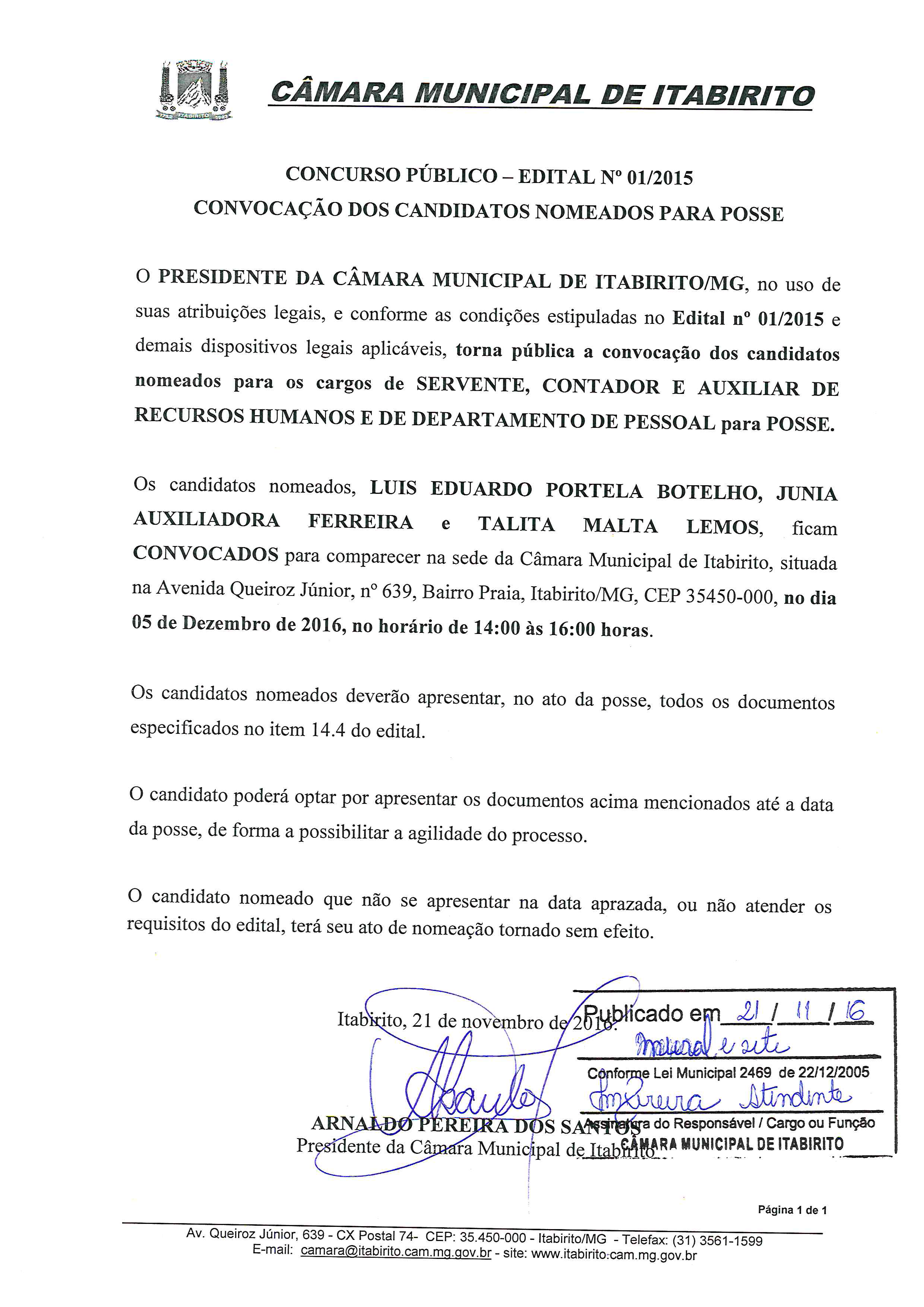 CONVOCAÇÃO DOS CANDIDATOS APROVADOS PARA POSSE