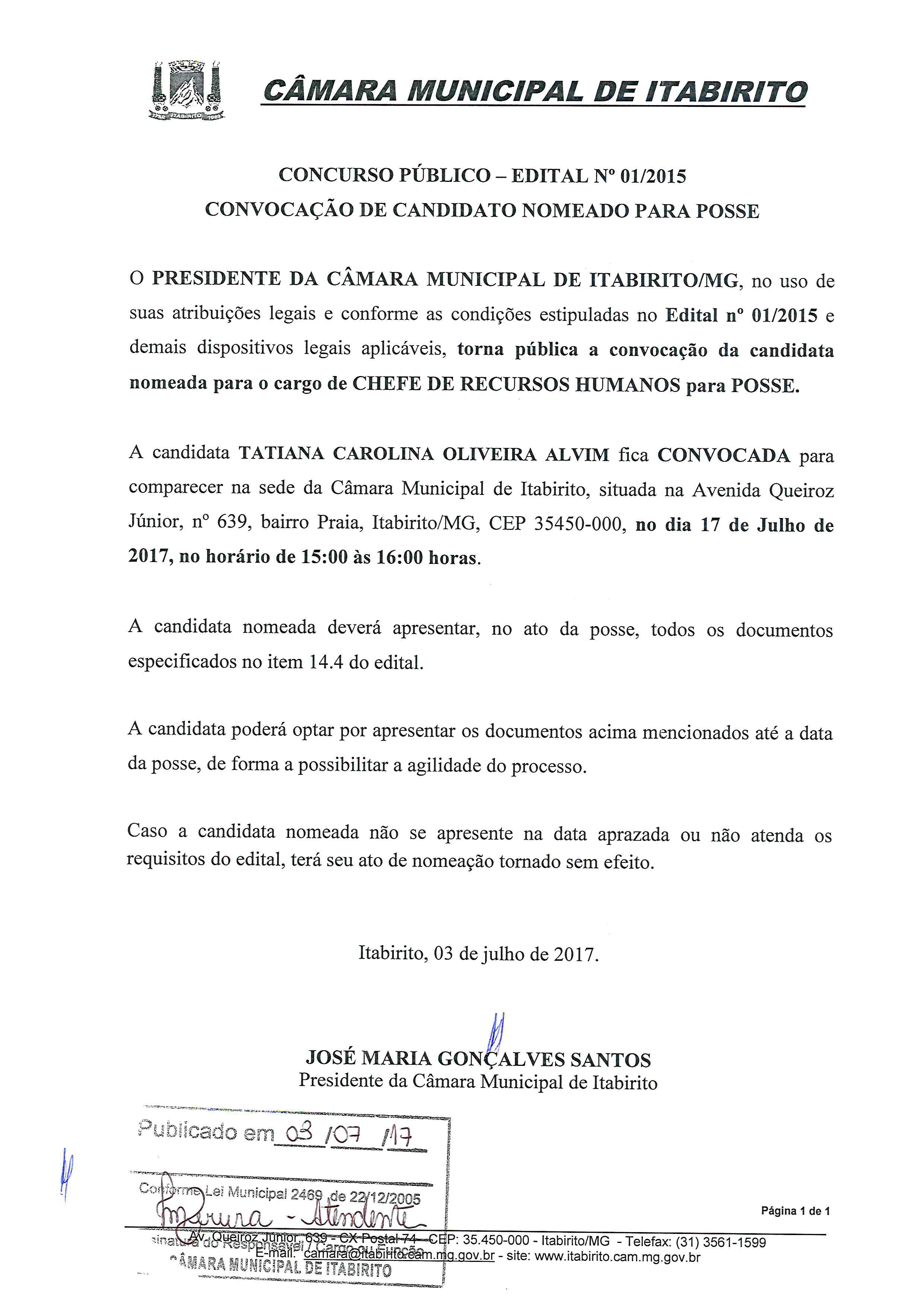 Convocação de candidato aprovado no Concurso Público para posse.